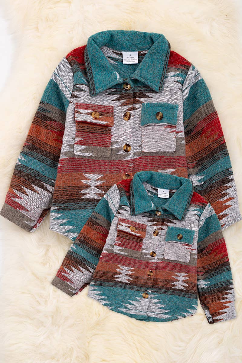 UNISEX/ AZTEC PRINTED BUTTON UP SHACKET. TPG65133048 JEANN: 2XS