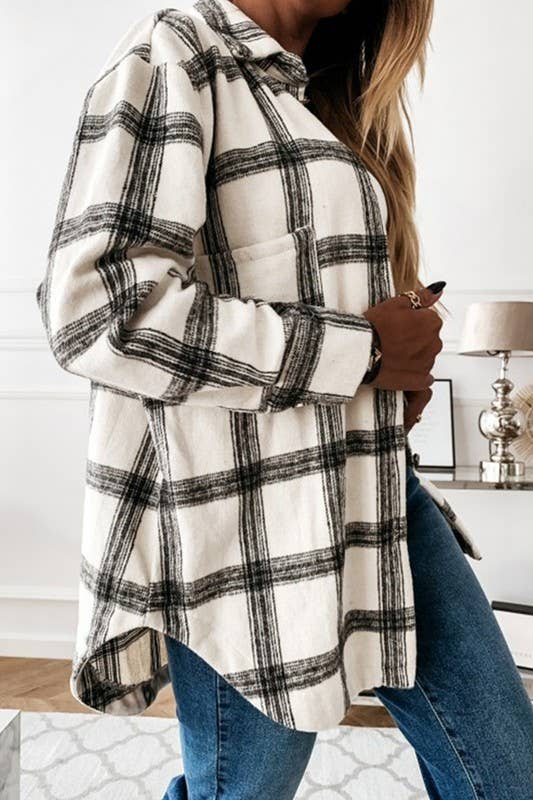 CWOJA0368_LOOSE FIT PLAID BIG BUTTONED SHIRTS JACKET: White / (L) 1