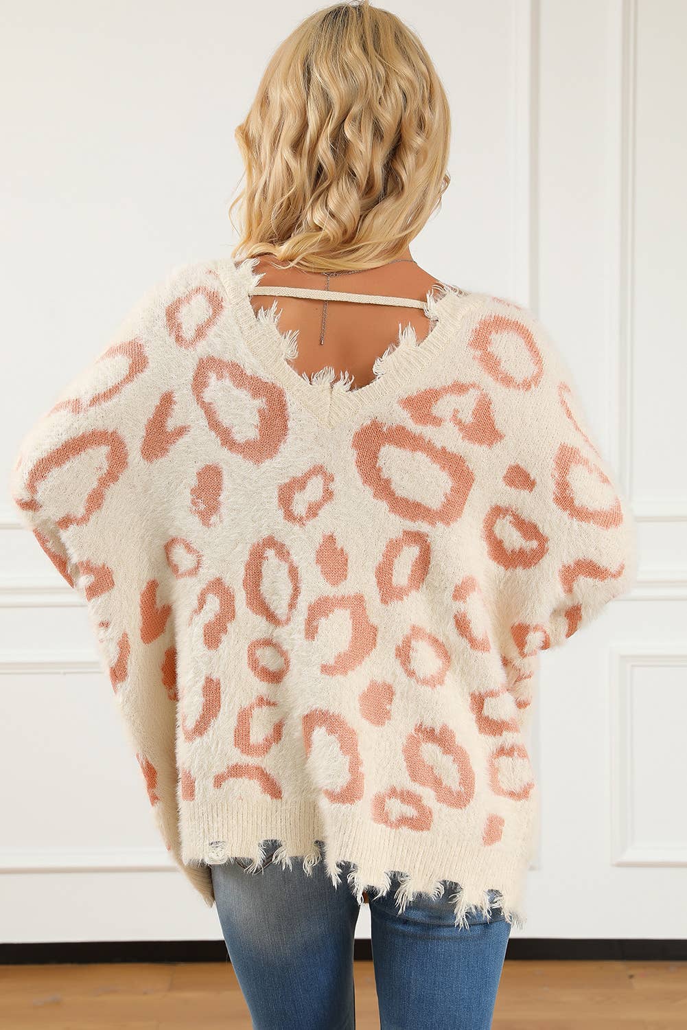 Animal Print Distressed Trim Fuzzy Sweater: S / Leopard / 60%Polyester+40%Acrylic