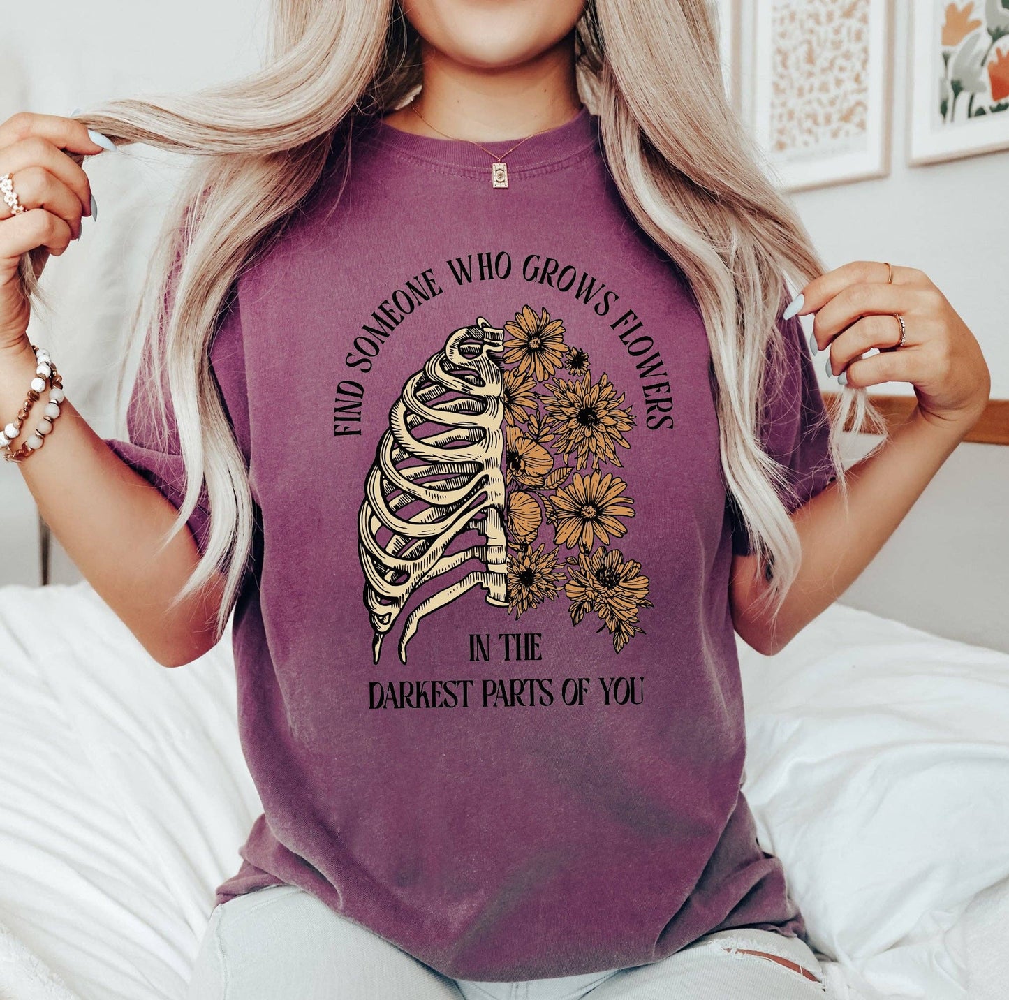 Find Someone Who Grows Flowers, Skeleton, Cowgirl, Tshirt: Small / Pepper Dark Gray