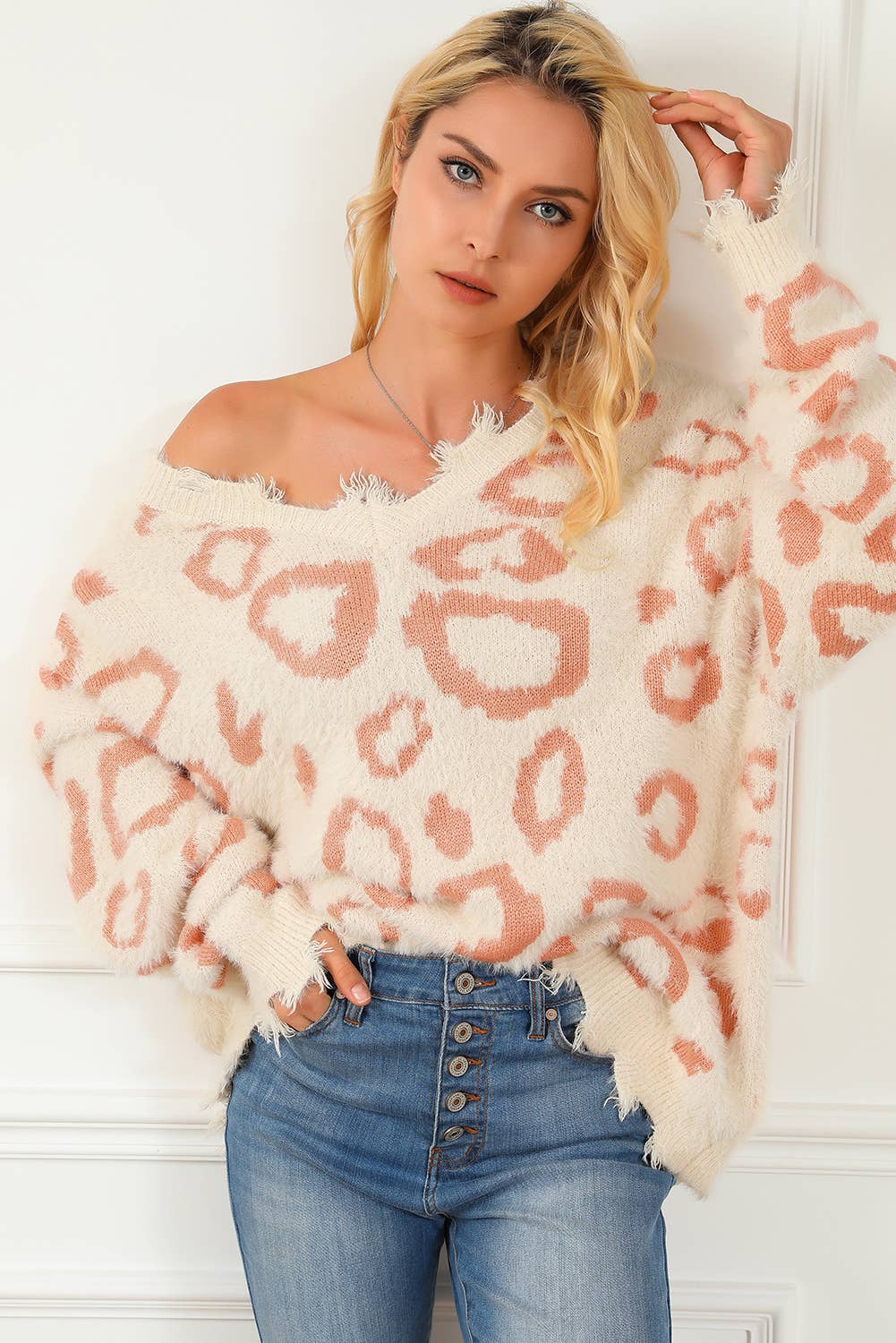 Animal Print Distressed Trim Fuzzy Sweater: M / Leopard / 60%Polyester+40%Acrylic