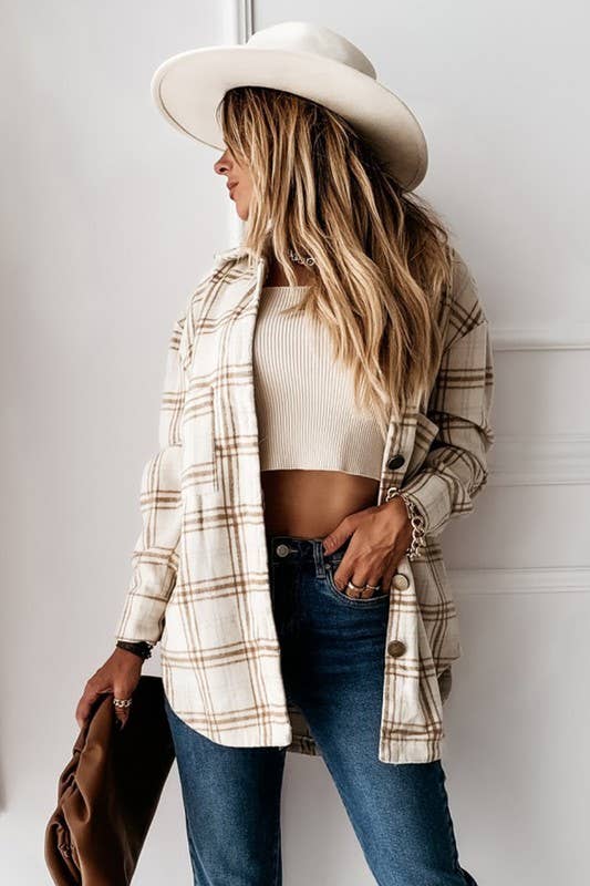 CWOJA0368_LOOSE FIT PLAID BIG BUTTONED SHIRTS JACKET: White / (L) 1