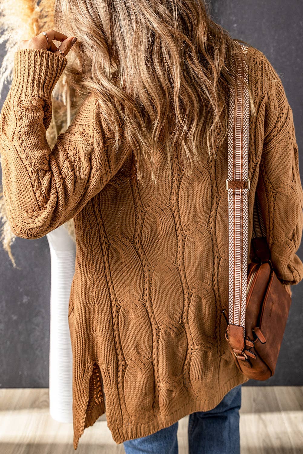 Textured Eyelet Ribbed Cable Knit Cardigan: L / casual / Brown