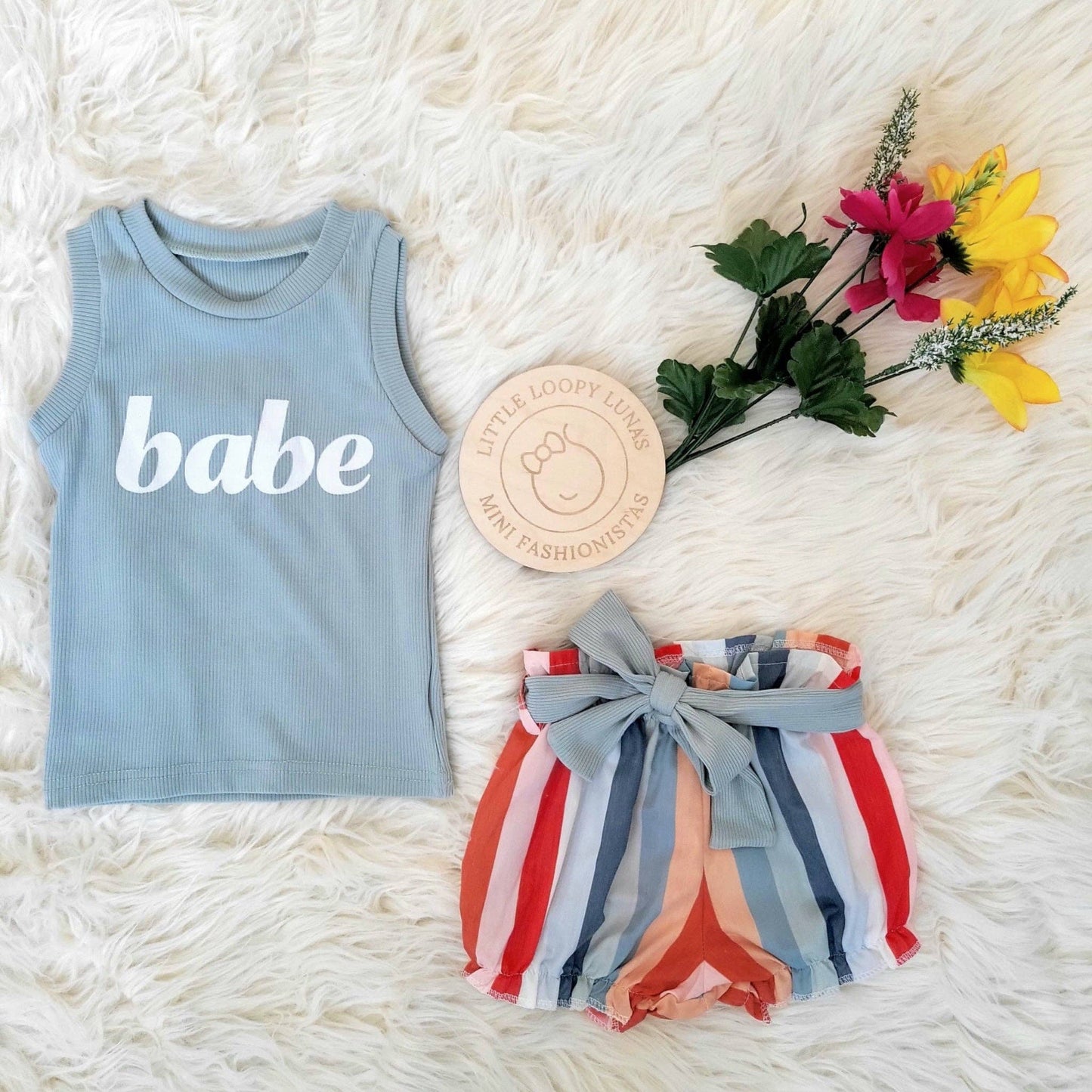 Teal Babe Ribbed Tank Top and Girls Striped Shorts Set